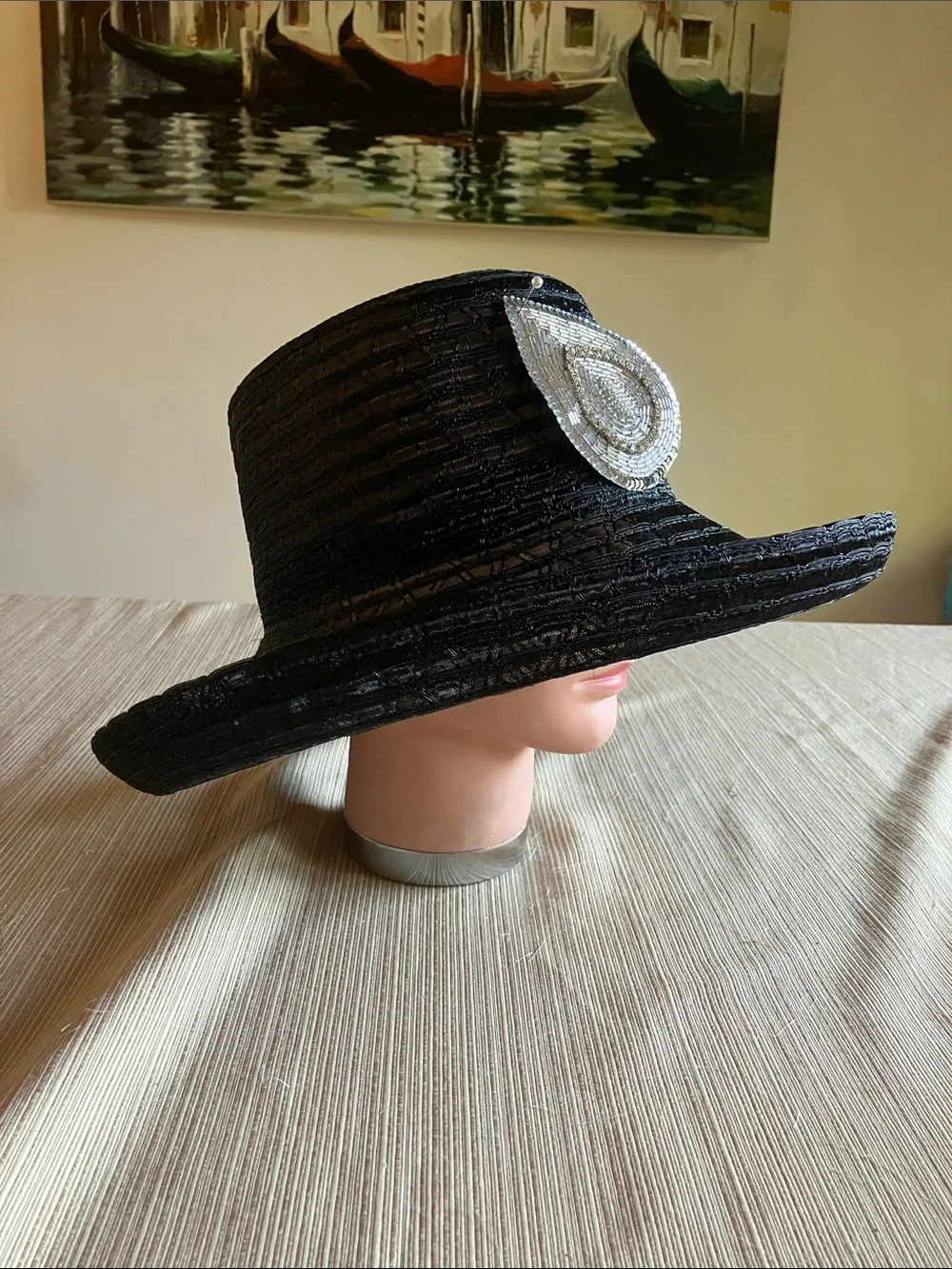 Elegant Black Wide-Brim Hat with Silver Rhinestone Beaded Sequined Accent